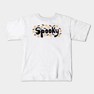 Handwritten Spooky Lettered Font Doodle with Bats and Orange Swirls, made by EndlessEmporium Kids T-Shirt